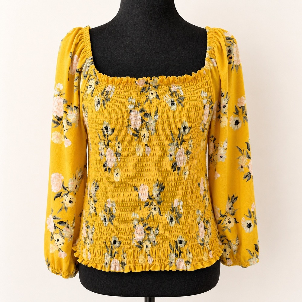 Cottagecore Yellow Floral Boho Smocked Peasant Top‎ Belle Tweed Women's XL